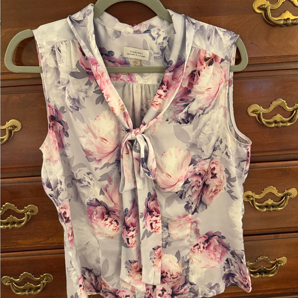 Tahari Pink and Purple Floral Tie-Neck Blouse